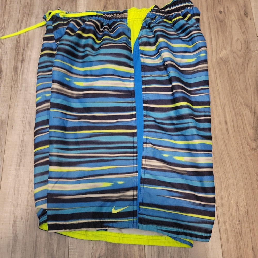 Nike Swim Trunks, Mens XL Board Shorts Mesh Lined, Blue Neon Drawstring Waist
